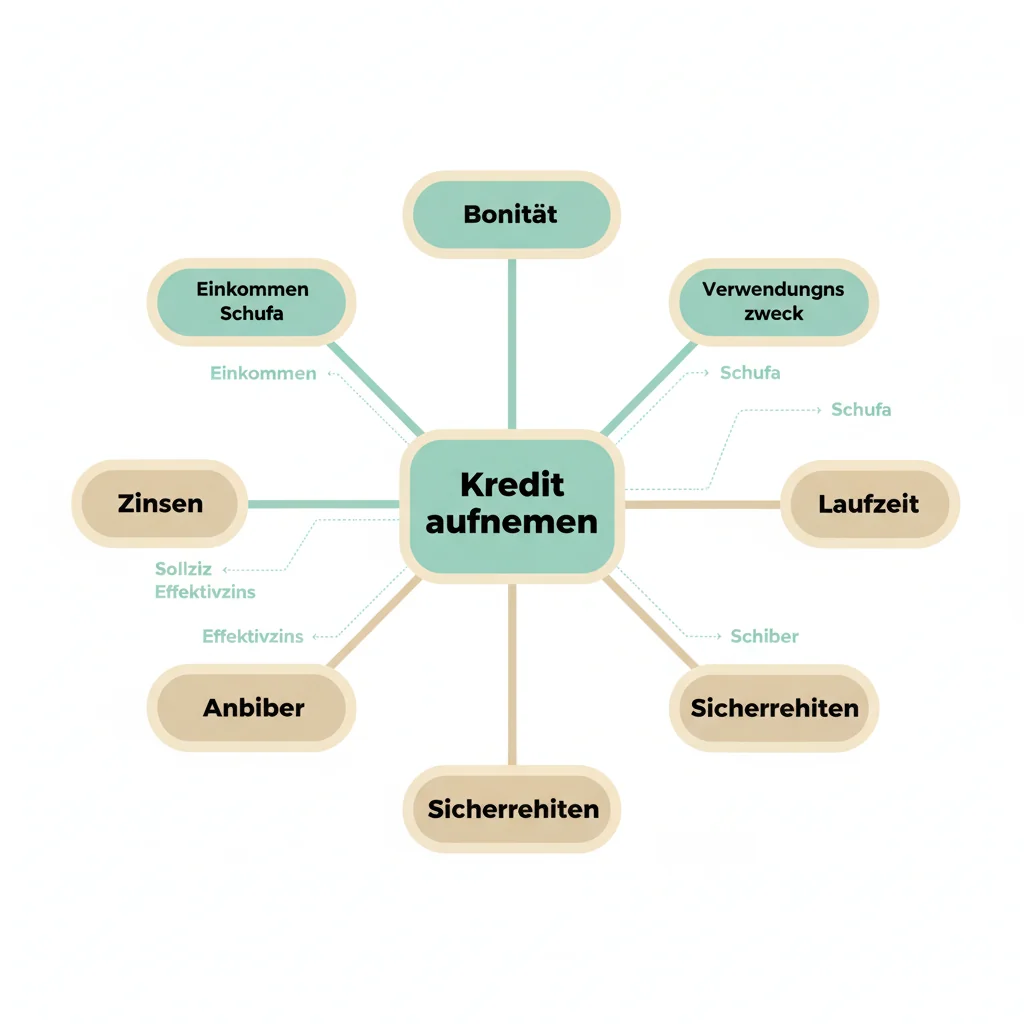 The main topic is in the center, from which the various aspects of borrowing branch off. This makes it easy to see how everything is connected and which points are important for successfully obtaining loans.