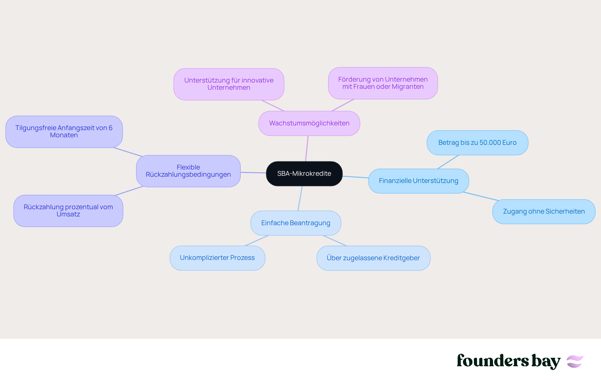 SBA Microloans are at the center. The branches show the various benefits and aspects that help you finance and grow your business. The thicker the branch, the more important the benefit.