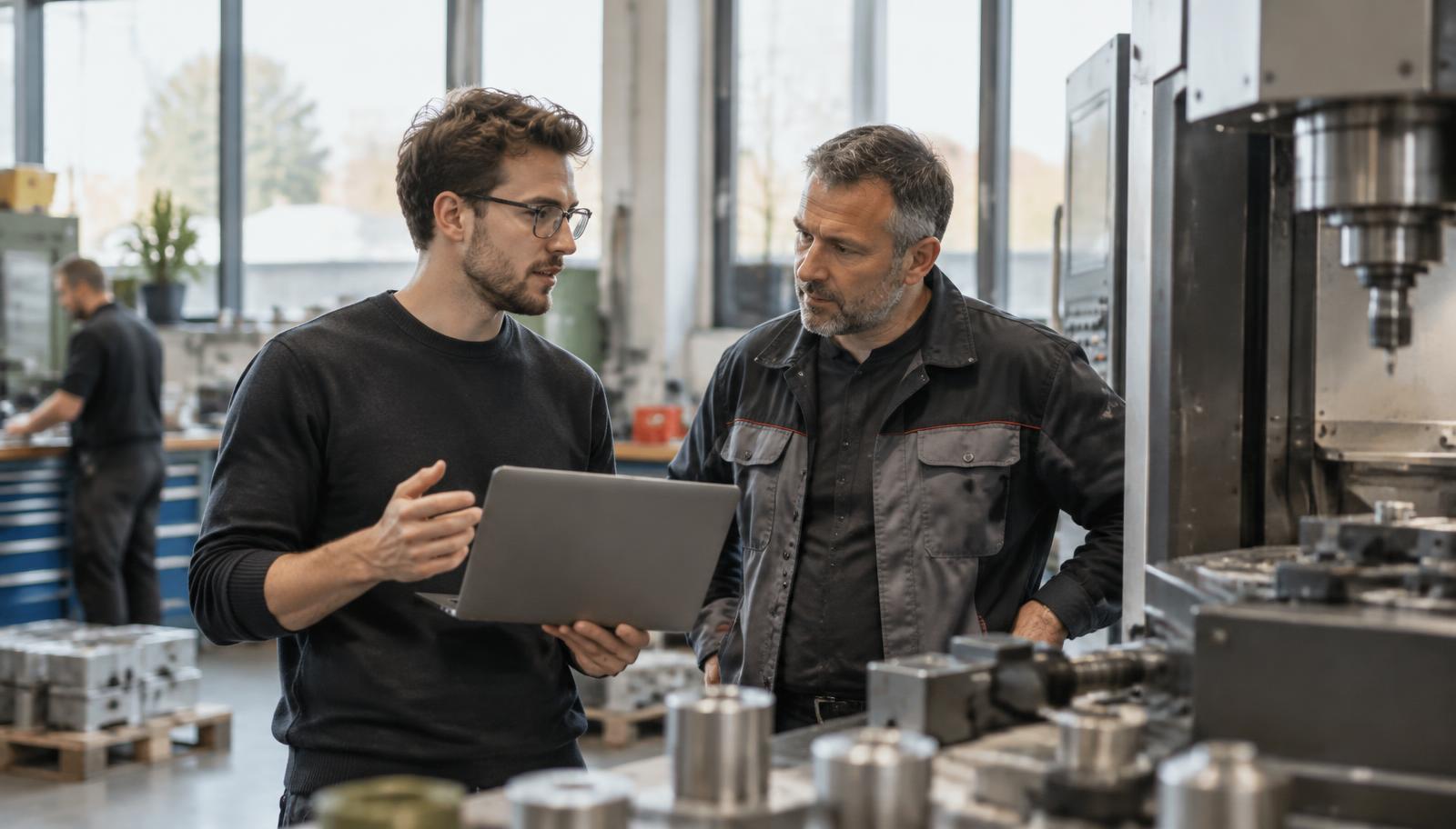 Gründer und Ingenieur besprechen einen Pilot an einer Maschine im Betrieb